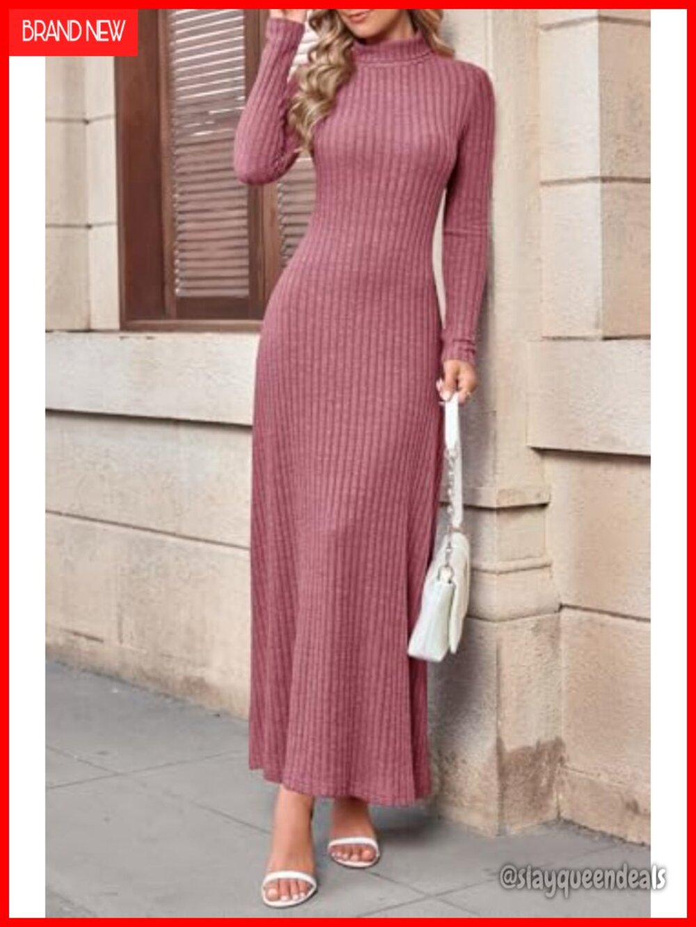 MITILLY Women's Ribbed Knit Long Sleeve Maxi Dress Turtle Neck Bodycon - Picture 4 of 6